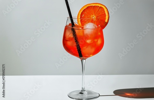 Bright Orange Cocktail With Ice and Garnish in a Glass on a Minimalistic Back...