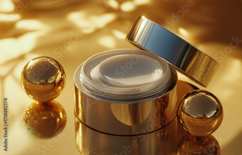 Luxurious Skincare Cream Displayed on Golden Fabric for Elegant Beauty Routine.