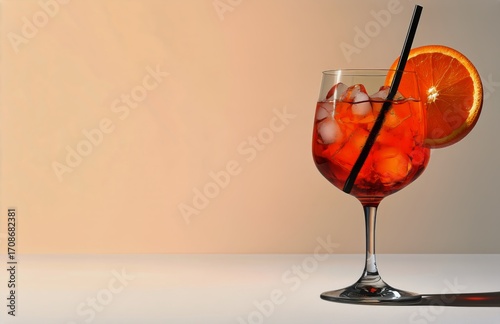Bright Orange Cocktail With Ice and Garnish in a Glass on a Minimalistic Back...