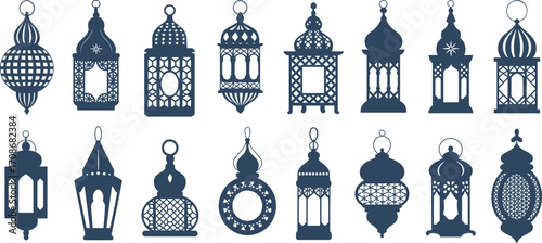 Vintage lantern collection vector, traditional decorative lamps silhouette, ornate hanging lantern designs, antique light fixtures, festive decoration icons, classic illumination symbols set