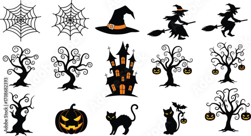 Halloween, witch, haunted, house, cat, bat, pumpkin, tree, spider, web, broom, spooky, ghost, moon, night, vector, black, white, design, illustration