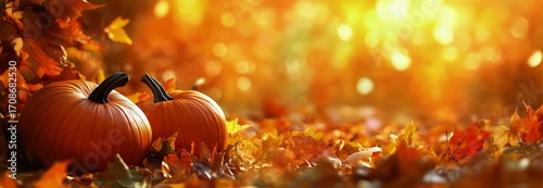 Autumn Scene With Pumpkins Surrounded by Colorful Fallen Leaves in a Warm Gol...