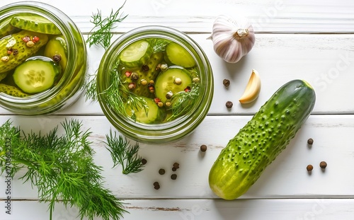 Fresh Cucumbers and Pickled Jars With Garlic and Dill on a Wooden Surface.