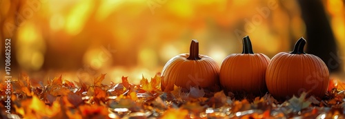 Colorful Autumn Leaves Surround Pumpkins in a Peaceful Outdoor Setting During...