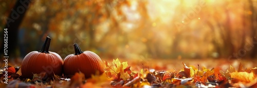 Colorful Autumn Leaves Surround Pumpkins in a Peaceful Outdoor Setting During...