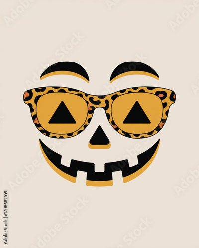 Funny jackolantern face with leopard print sunglasses and triangular eyes