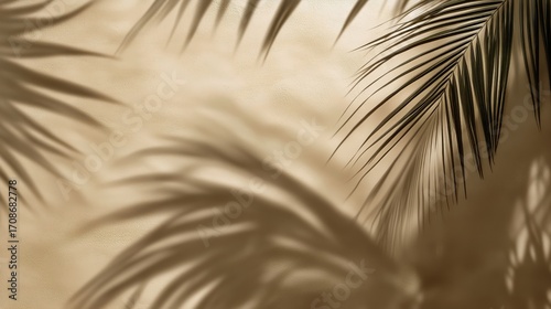 Beautiful Palm Leaves Casting Shadows Against a Soft Beige Background in a Se...