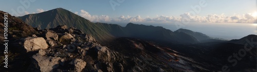 Exported volcanic landscape with lava hdri panoramic view tropical mountain range sunrise serene environment