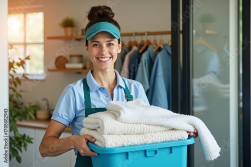 Efficient Cleaning Service Worker Delivering Fresh Laundry to Satisfied Customer