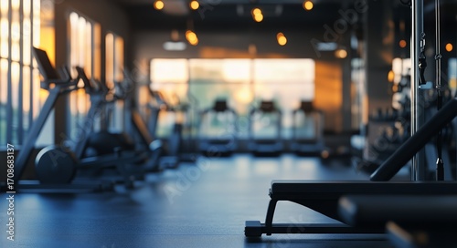 Gym Interior at Sunset With Exercise Equipment in Soft Lighting and Peaceful ...