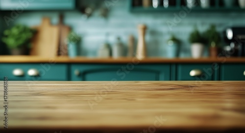 Charming Kitchen With Wooden Countertop and Teal Cabinets Ready for Cooking a...