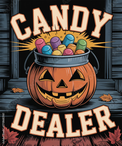 Jackolantern candy bucket with text candy dealer for halloween
