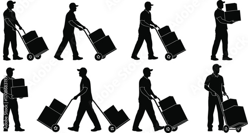 Delivery service workers moving boxes silhouette vector editbale