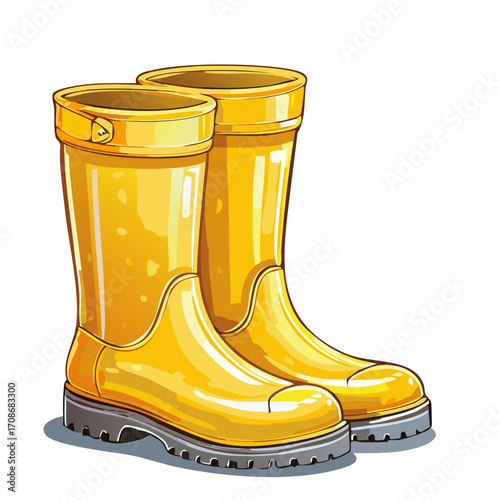 Yellow rubber boots color vector illustration. Protective footwear for rain and mud in autumn weather on an isolated background.