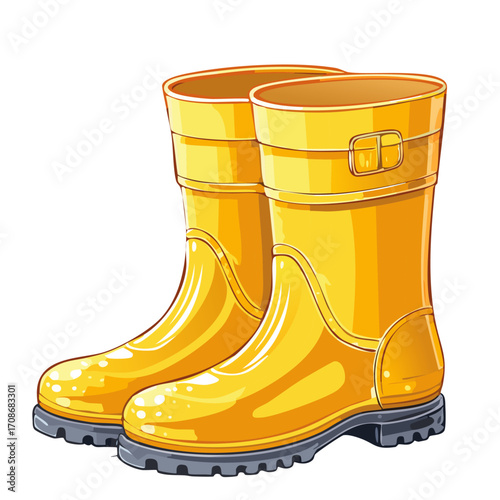 Yellow rubber boots color vector illustration. Protective footwear for rain and mud in autumn weather on an isolated background.