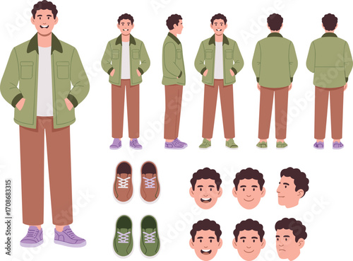 Casual man character creation kit, young male in jacket and pants with shoes, different poses, facial expressions, modern illustration design