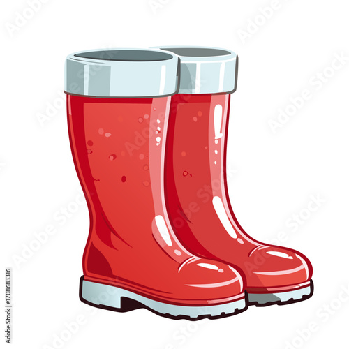 Red rubber boots color vector illustration. Protective footwear for rain and mud in autumn weather on an isolated background.