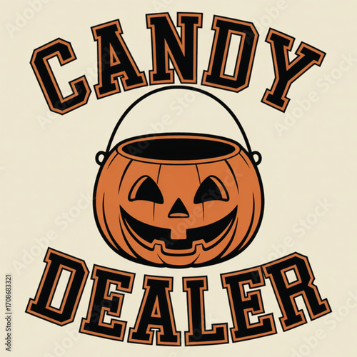 Halloween candy dealer pumpkin bucket with text