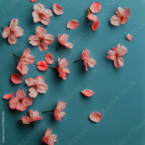 Cherry Blossom Petals Scattered on a Bright Blue Surface in a Spring Decor Se...