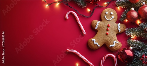 Festive Gingerbread Cookie With Candy Canes and Christmas Decorations on Red ...