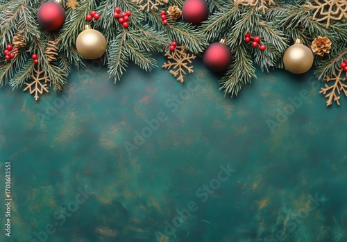 Decorative Holiday Greenery With Ornaments and Berries on a Teal Background