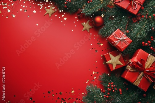 Colorful Christmas Gifts and Decorations Arranged on a Vibrant Red Background...