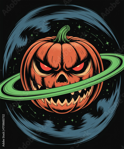 Scary halloween pumpkin with glowing eyes and sharp teeth in space