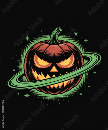 Spooky jack o lantern planet with green ring and stars