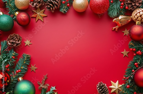 Festive Holiday Decoration With Pine Branches and Ornaments on a Red Background.