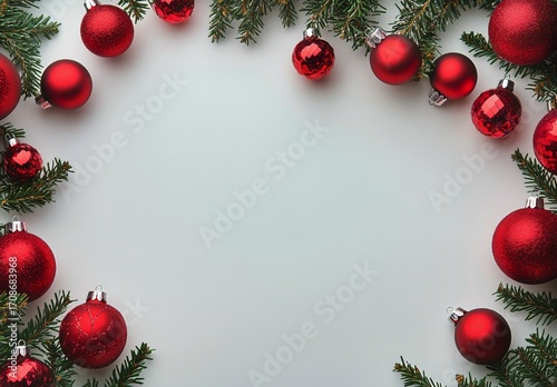 Festive Red Ornaments and Evergreen Branches Create a Cheerful Holiday Frame ...