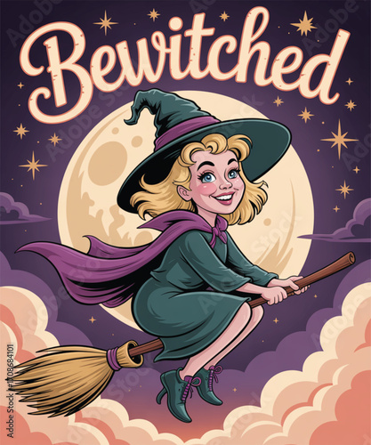 A smiling witch flies on a broomstick in front of a full moon at night
