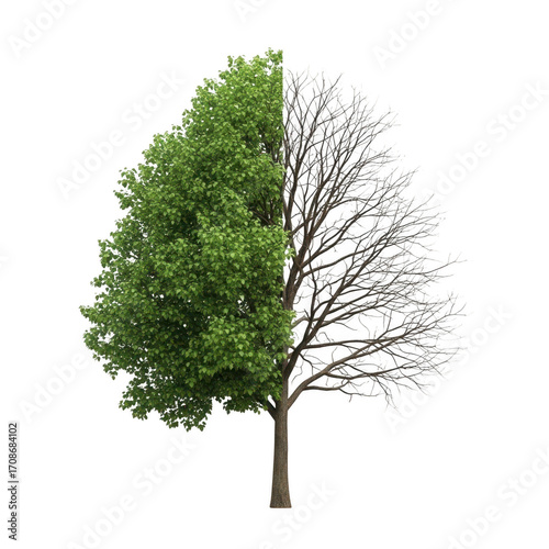 Split tree half living half dead isolated on transparent background