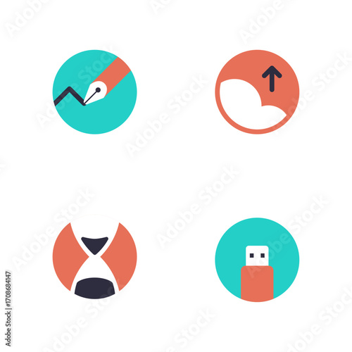 Set of Modern Circular Icons Representing Design, Upload, Time, and Technology