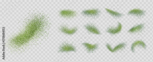Set of isolated green matcha powder explosion on white background, top view, fine dust texture.