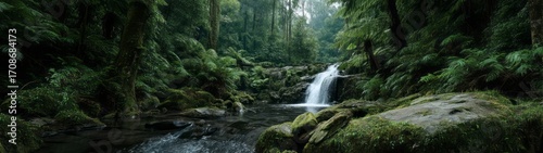 Lush rainforest waterfall hdri panoramic view serene nature scene tropical environment captivating landscape