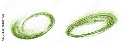Matcha tea dust splash, scattered powder cloud on clean white backdrop, overhead view.