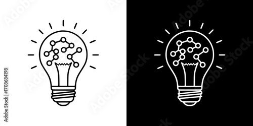 Light bulb with simple neural connections inside on transparent and black background, artificial intelligence, outline icon  