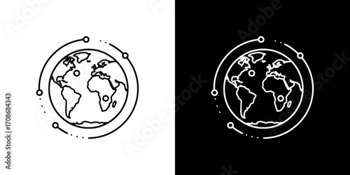 Globe with neural network lines on transparent and black background, artificial intelligence, outline icon  