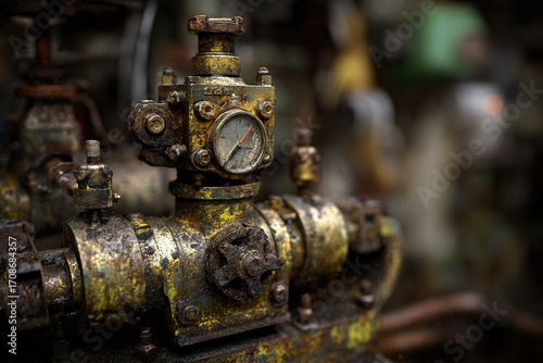 Rusty pressure gauge on an industrial machinery piece in a factory setting capturing the essence of decay and history