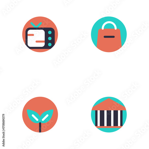 Colorful icon set Television, shopping bag, plant, and building architecture