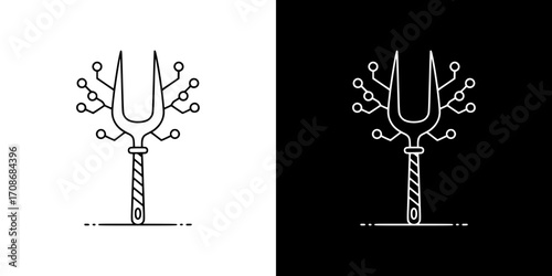 Tuning fork with branching neural lines symbolizing music created by artificial intelligence, outline icon on transparent and black background  
