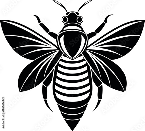 Detailed black and white bee silhouette with striped body and patterned wings