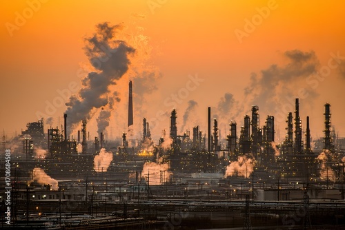 Industrial landscape at sunset with smokestacks releasing gases into the sky