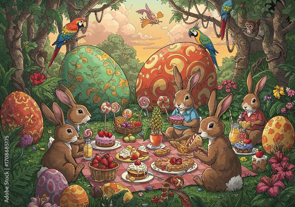 Obraz premium Easter Gathering: A whimsical scene unfolds as charming rabbits gather in an enchanting forest setting, delighting in a vibrant feast amongst the painted eggs, evoking joy and festivity.