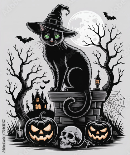 Black cat in witch hat with pumpkins and skull for halloween