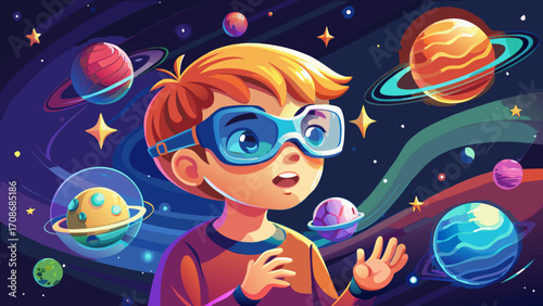 A curious child in futuristic glasses observing tiny glowing planets hovering above their hands, merging childhood wonder with imaginative technology.