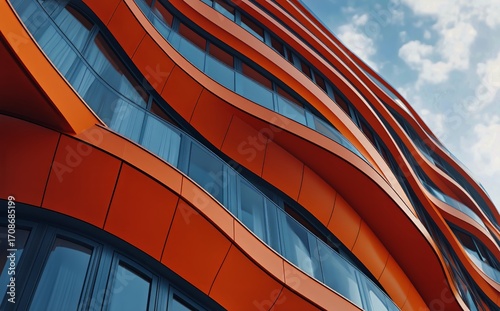 Modern Building Design With Curved Orange Facade and Large Windows in Urban S...