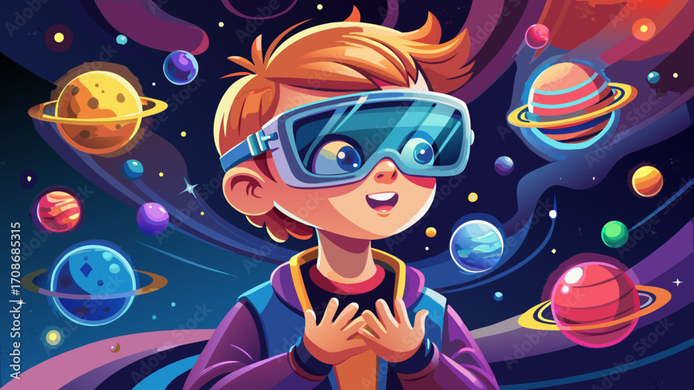 Fototapeta premium A curious child in futuristic glasses observing tiny glowing planets hovering above their hands, merging childhood wonder with imaginative technology.
