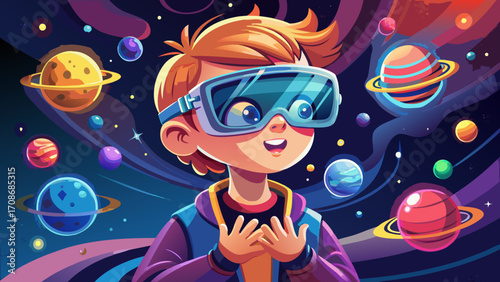 A curious child in futuristic glasses observing tiny glowing planets hovering above their hands, merging childhood wonder with imaginative technology.