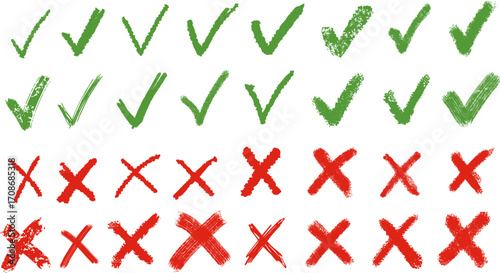 Grunge crayons drawn tick and cross symbols set. Chalk stroke green and red handwriting checkbox wrong right choice marks with rough texture vector graphic